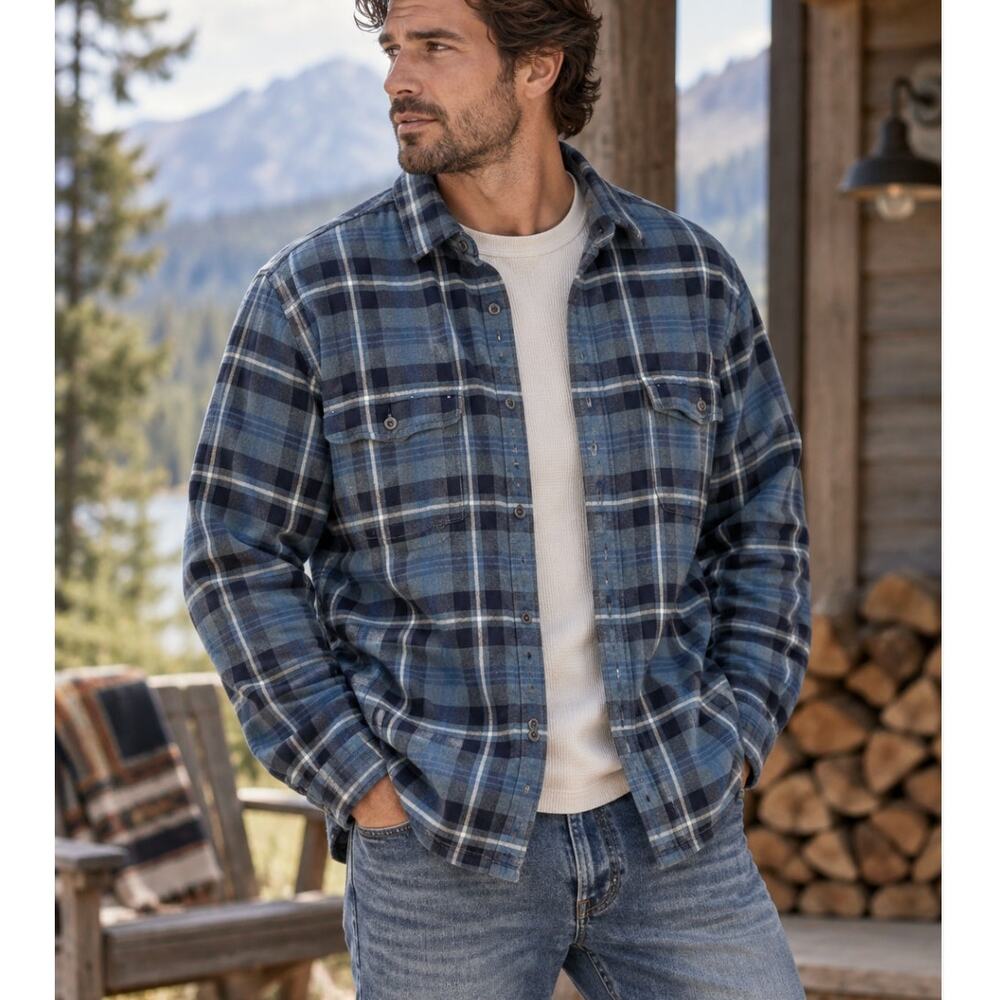 Carbon2Cobalt Lined Flannel Shirt Jacket XL Blue Plaid Shacket Cotton Workwear
